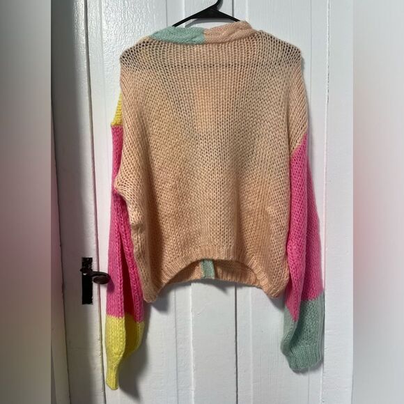 NWT AnnieWear Los Angeles Color Block Rainbow and Peach open knit sweater size M - Picture 2 of 7